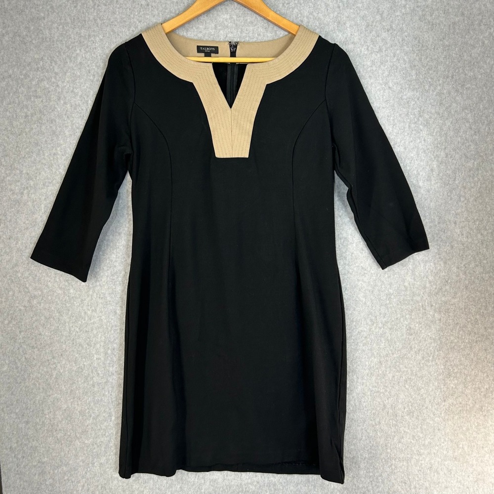 Talbots Black Tan V Neck‎ Dress 3/4 Sleeve Ponte Sheath Career Size 6 Petite 6P
